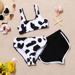 3pcs Kid Girl Vacation Cow Print Swimsuit Set