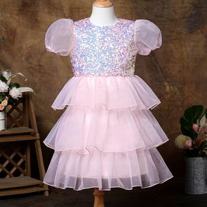 Kid Girl Sequin Puff-sleeve Layered Mesh Princess Party Dress