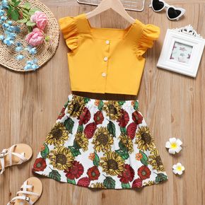 2pcs Kid Girl Square Neck Button Design Flutter-sleeve Blouse and Floral Print Skirt Set