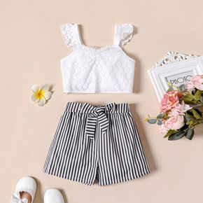 2pcs Toddler Girl Lace Design White Camisole and Belted Stripe Shorts Set