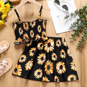 2pcs Kid Girl Floral Print Smocked Camisole and Elasticized Skirt Set