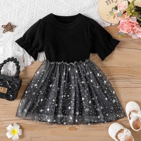 Baby Girl Short-sleeve Knitted Splice Glitter Stars Mesh Dress