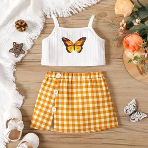 2pcs Baby Girl Butterfly Print Ribbed Camisole and Plaid Split Skirt Set