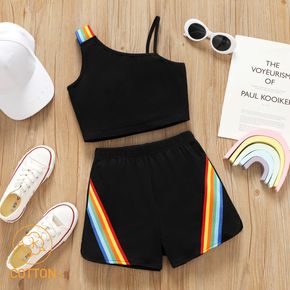 2pcs Kid Girl Rainbow Striped Webbing Design Cotton Tank Top and Shorts Set