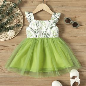 Toddler Girl Floral Leaf Print Mesh Splice Sleeveless Dress