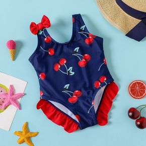 Baby Girl All Over Cherry Print Bowknot Ruffle One-Piece Swimsuit