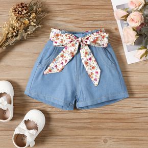 Baby Girl Floral Print Belted Denim Shorts