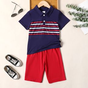 Independence Day 2pcs Kid Boy gestreiftes Kurzarm-Poloshirt und rote Shorts