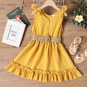 Kid Girl 100% Cotton Bowknot Button Design Ruffled Sleeveless Yellow Dress