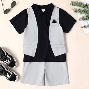 2pcs Kid Boy Gentleman Suit, Faux-two Vest design Short-sleeve Polo Shirt and Elasticized Shorts Party Set