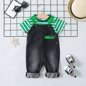 2pcs Baby Boy 100% Cotton Denim Overalls and Striped Short-sleeve Tee Set