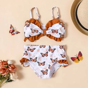 2pcs Baby Girl Allover Butterfly Print Ruffle Trim Spaghetti Strap Bikini Set Swimwear