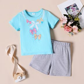 Sleepy Eyes Toddler Girl 100% Cotton 2pcs Bow Print Short-sleeve Blue T-shirt Top and Grey Shorts Set