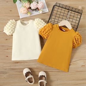 Toddler Girl Solid Color Ribbed Short Puff-sleeve Tee