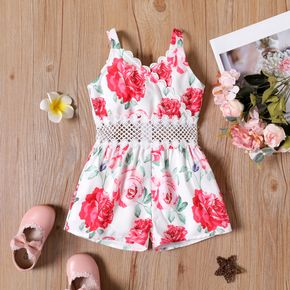 Toddler Girl Floral Print V Neck Lace Design Hollow out Cami Rompers