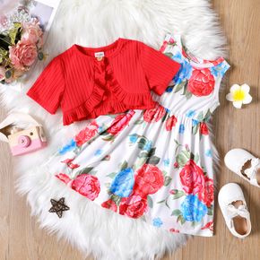 2pcs Toddler Girl Floral Print Sleeveless Dress and Ribbed Ruffled Red Cardigan Set