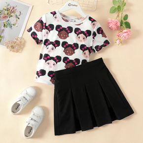 2pcs Kid Girl Cute Figure Print Short-sleeve Tee and Black Pleated Skirt Set