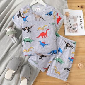 2pcs Kid Boy Animal Dinosaur Print Short-sleeve Grey Tee and Shorts Pajamas Sleepwear Set