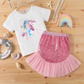 2pcs Kid Unicorn Print Short-sleeve Tee and Sequined Mesh Design Mermaid Skirt Set