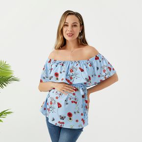Maternity Floral Print Ruffled Off-Shoulder Tee