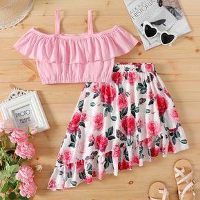 2pcs Kid Girl Flounce Pink Camisole and Floral Print Irregular Hem Skirt Set
