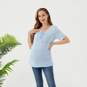 Maternity Ruched Tie Neck Short-sleeve Ribbed Tee