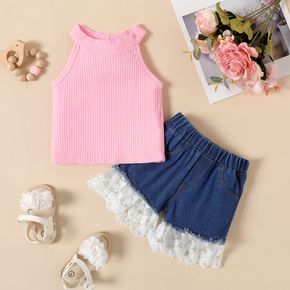 2pcs Baby Girl 100% Cotton Ribbed Tank Top and Lace Splice Denim Shorts Set