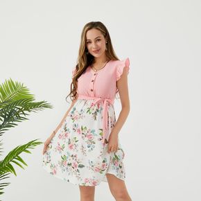 Nursing Floral Print Ruffle-sleeve Belted Dress