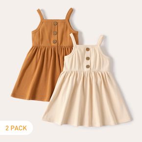 2-Pack Baby Girl Button Design Solid Ribbed Cami Dresses Set