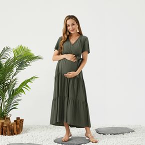Maternity Solid Short-sleeve Belted Tiered Dress