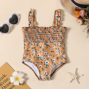 Baby Girl Allover Floral Print Lettuce Trim Spaghetti Strap Shirred One-Piece Swimsuit