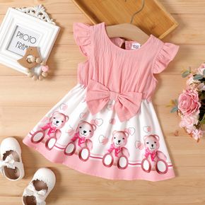Baby Girl 100% Cotton Flutter-sleeve Bow Front Cartoon Bear Print Dress