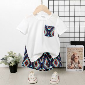 2pcs Toddler Boy Boho Pocket Design Short-sleeve White Tee and Allover Print Shorts Set