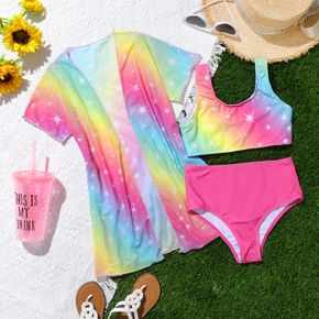 3pcs Kid Girl Tie Dyed Star Print Tank Top & Briefs and Cover ups Swimsuit Set