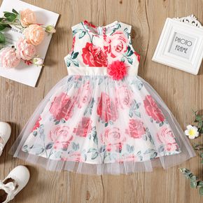 Toddler Girl Floral Design Mesh Splice Sleeveless Party Dress