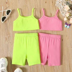 2pcs Toddler Girl Solid Color Ribbed Camisole and Shorts Set