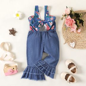 Baby Girl Floral Print and Solid Splicing Bow Front Cut Out Layered Bell Bottom Overalls