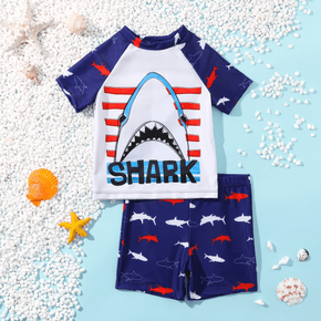 2pcs Toddler Boy Playful Shark Print Tee and Shorts Swimsuit Set