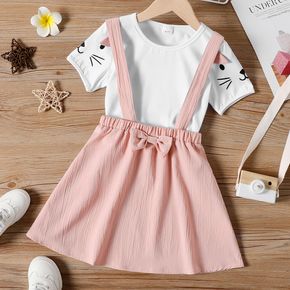 2pcs Kid Girl Cute Cat Print Ear Design Short-sleeve White Tee and Bowknot Design Pink Suspender Skirt Set