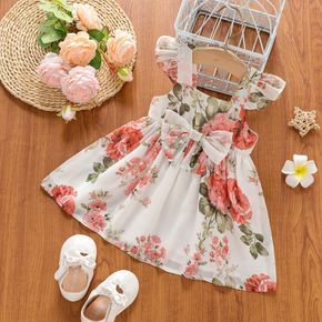 Baby Girl All Over Pink Floral Print Bow Front Flutter-sleeve Dress