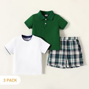 3pcs Toddler Boy Casual Polo Shirt & Tee and Plaid Shorts Set