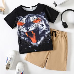 2pcs Kid Boy Animal Tiger Print Short-sleeve Black Tee and Khaki Shorts Set