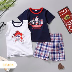 3-Pack Toddler Boy Nautical Theme Tank Top & Tee and Plaid Shorts Set