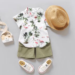 3pcs Toddler Boy Vacation Straw Hat and Flamingo Print Shirt and Pocket Design Shorts Set