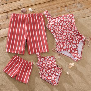 Family Matching Floral Print One Shoulder Drawstring One-Piece Swimsuit and Striped Swim Trunks Shorts