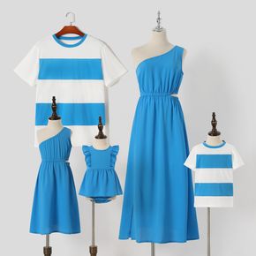 Family Matching Blue One Shoulder Cut Out Split Thigh Sleeveless Dresses and Colorblock Short-sleeve T-shirts Sets