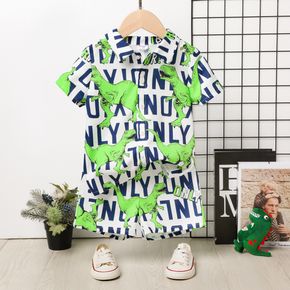 2pcs Toddler Boy Letter Dinosaur Print Lapel Collar Short-sleeve Shirt and Shorts Set