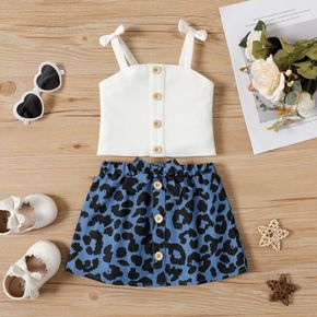 2pcs Baby Girl Button Front Ribbed Cami Top and Leopard Skirt Set