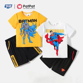 Justice League 2-teiliges Kurzarm-T-Shirt mit Buchstabenaufdruck für Kinder und Farbblock-Shorts