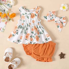 3pcs Baby Girl 100% Cotton Crepe Fill Trim Shorts and Allover Floral Print Tank Dress with Headband Set